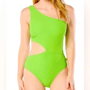 MICHAEL Michael Kors Ribbed One Shoulder Cutout One Piece Swimsuit Green Size 10